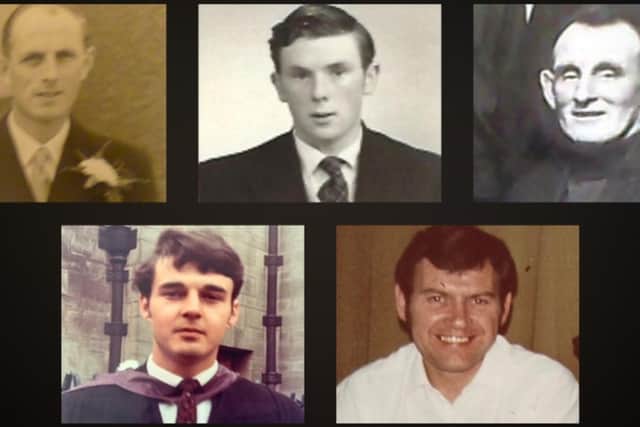 The victims of the IRA boobytrap bomb on Brougher Mountain in 1971; Clockwise from top left George Beck, Harry Edgar, John Eakins, Bill Thomas and Malcolm Henson. All five were killed as they went to repair a BBC transmitter damaged by an IRA bomb.