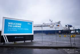 Billboard from P&O Ferries welcoming people to Larne Port.