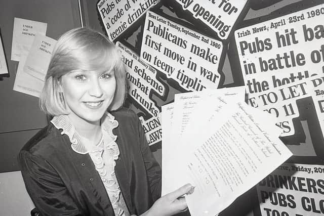 Katrina Hillis was helping carry out a survey at the Holiday and Leisure Show in January 1982 to determine public reaction to Sunday opening of bars at the Belfast and Ulster Licensed Vintners' Association stand. Picture: News Letter archives