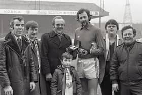 Pictured at the end of January 1982 is Glentoran goalkeeper Ken Barclay, who was emigrating to Australia, receiving a presentation from David McCullough, representing the Amalgamation of Glentoran Supporters' Clubs. Picture: News Letter archives