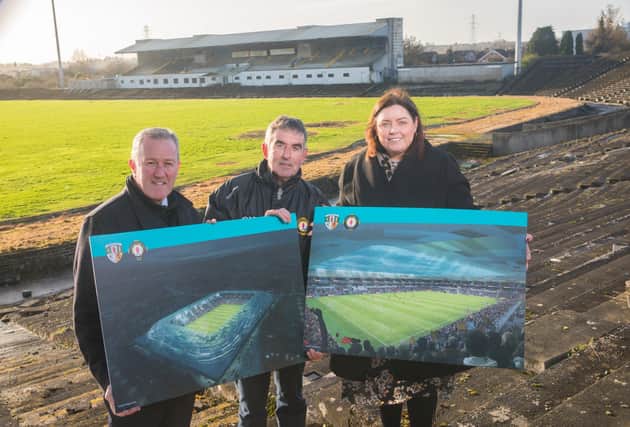 Communities Minister Deirdre Hargey outlined some of her priorities including her commitment to Casement Park. Pictured at Casement Park with Finance Minister Conor Murphy and Tom Daly, the chairman of Casement Park Stadium Development Project Board