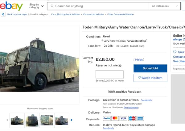 Embargoed to 0001 Monday February 15

Screenshot from an ebay page of an historic police water cannon which up for sale, the 26-tonne Royal Ulster Constabulary truck was used to fire water at troublemakers in 1970