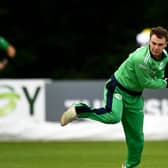 Andy McBrine bowling during an Ireland fixture against Afghanistan at Stormont in 2018.