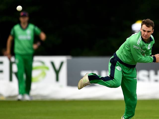 Andy McBrine bowling during an Ireland fixture against Afghanistan at Stormont in 2018.