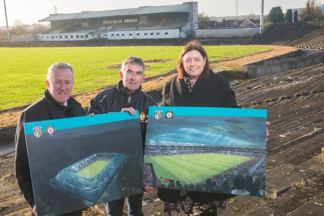 Communities Minister Deirdre Hargey today outlined some of her priorities including her commitment to Casement Park. Pictured at Casement Park with Finance Minister Conor Murphy and Tom Daly, the chairman of Casement Park Stadium Development Project Board