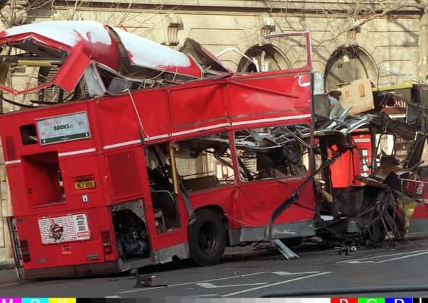 The mangled remains of the London bus blown apart by an IRA bomb in Aldwych, London on February 18, 1996  Photo: Sean Dempsey/PA