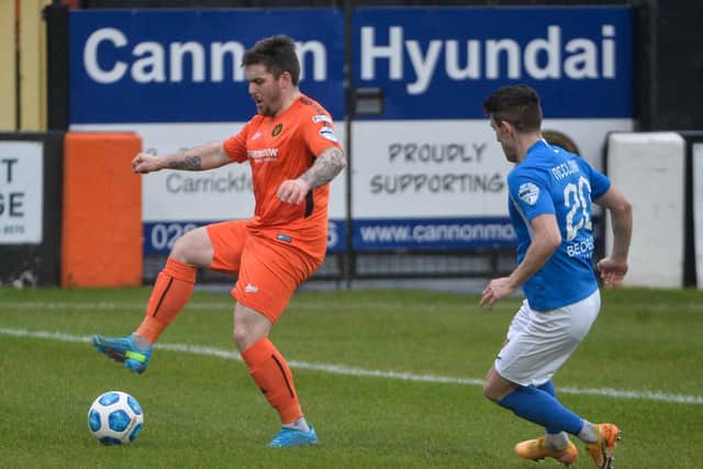 Cathair Friel in action for Carrick Rangers on Saturday before he was forced off due to injury