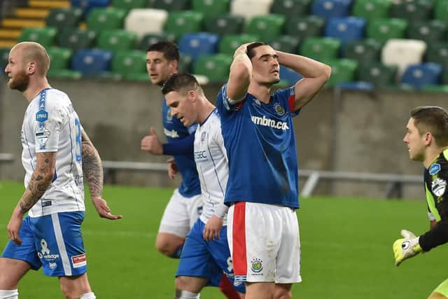 A frustrated Jimmy Callacher during Saturday’s scoreless draw between Linfield and Coleraine. Pic by Pacemaker
