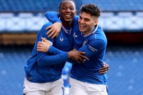 Joe Aribo (left) celebrates scoring for Rangers yesterday in victory over Dundee United. Pic by PA.