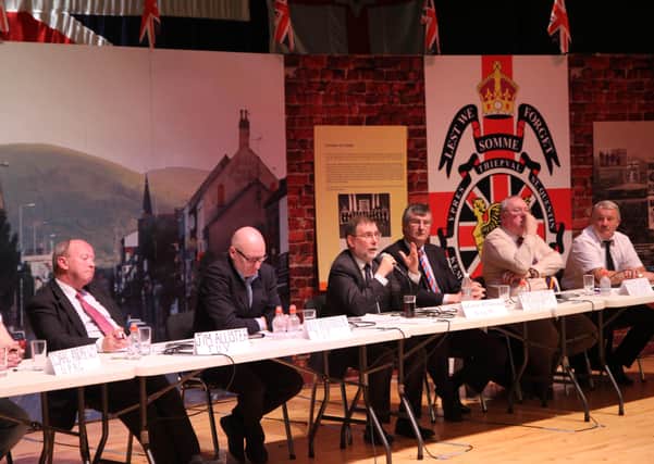 Jim Wilson, right, and Billy Hutchinson, second from left, at a 2013 meeting of the Unionist Forum. Mr Wilson says: "Myself and other selfless loyalists stood back to allow our politicians to take credit for this initiative, but enough is enough"