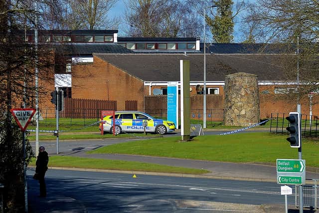 A police car parked near the entrance of Altnagelvin Hospital close to a fatal road traffic accident scene on the Glenshane Road on Monday morning. Photo: George Sweeney / Derry Journal.  DER2108GS – 018