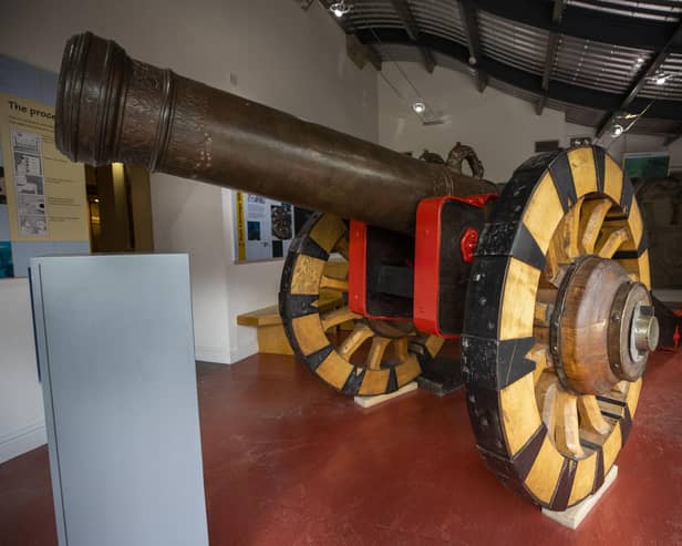 Bronze siege gun from La Trinidad Valencera with 5 feet high replica wheels of the land carriage which where based on the remains of a similar one recovered from the vessel, on display at the Tower Museum in Derry City. Issue date: Wednesday February 24 2021. PA Photo. This month marks the 50th anniversary of the discovery of the remains of La Trinidad Valencera in 1971. See PA story ULSTER Armada. Photo credit should read: Liam McBurney/PA Wire