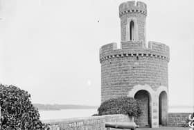 A brick turretted tower and cannon at Shane's Castle near Randalstown in Co Antrim. The castle is on the north-east shores of Lough Neagh. Built in 1345 by a member of the O'Neill dynasty, it was originally called Eden-duff-carrick. Shane MacBrien O'Neill changed the name to Shane's Castle in 1722. NLI Ref: STP_0393. Picture: National Library of Ireland