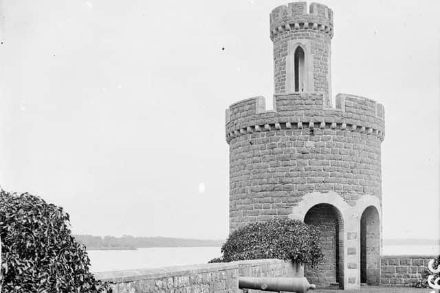 A brick turretted tower and cannon at Shane's Castle near Randalstown in Co Antrim. The castle is on the north-east shores of Lough Neagh. Built in 1345 by a member of the O'Neill dynasty, it was originally called Eden-duff-carrick. Shane MacBrien O'Neill changed the name to Shane's Castle in 1722. NLI Ref: STP_0393. Picture: National Library of Ireland