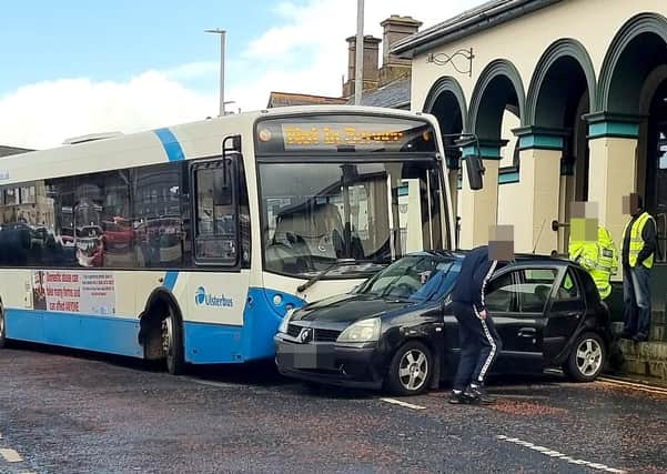 25/02/21 MCAULEY MULTIMEDIA..The scene on Railway Place in Coleraine where a Translink Bus has collided with a car, injuries are unknown.Pic Terry Corby/McAuley Multimedia