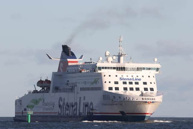 A Stena Line ferry sails into Belfast Harbour