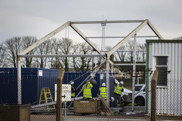 Construction workers building a temporary Border Control Post (BCP) at Larne Harbour in Northern Ireland in December 2020.