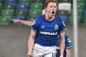 Linfield's Shayne Lavery celebrates after scoring against Larne. Pic by Pacemaker.