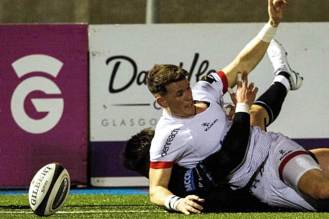 Ulster’s Craig Gilroy scoring a try last month against Glasgow Warriors. Pic by Dicksondigital