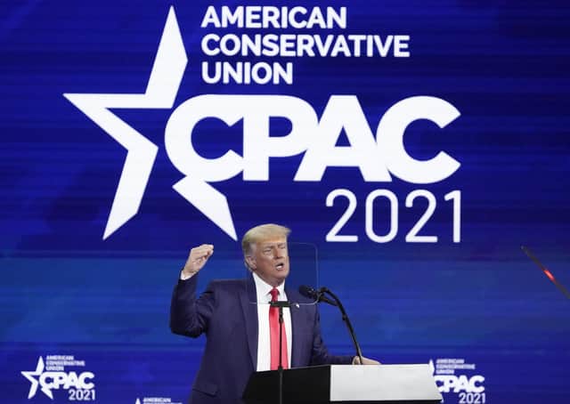 Ex president Donald Trump speaks at the Conservative Political Action Conference last Sunday in Orlando, Fla where he gave a true-to-form political appearance. (AP Photo/John Raoux)