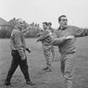 Bill Shankly watches Ian St John during a training session in January, 1967