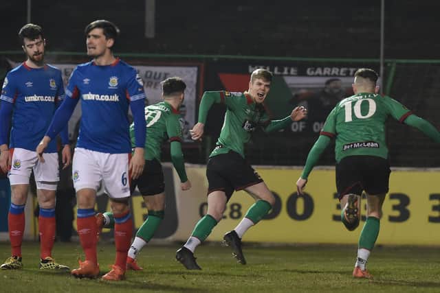 Rhys Marshall wheels away after putting Glentoran 3-1 up against Linfield