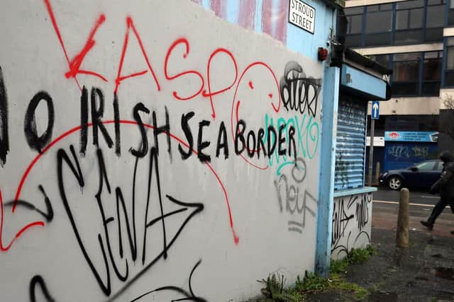 Anti-Irish Sea Border graffiti has been seen in cities, towns and villages all over Northern Ireland in recent weeks.