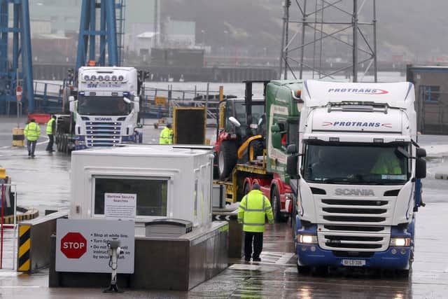 Lorries leaving Larne Port. (Photo: PA Wire)