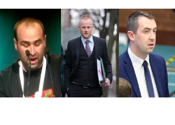 (left to right) Thomas O’Hara, Jamie Bryson and Daithi McKay will now face trial at Belfast Crown Court