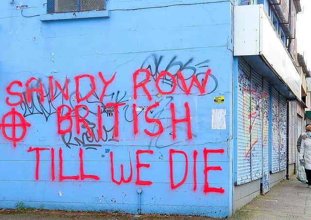 Anti Irish Sea border graffiti on Sandy Row in south Belfast. Picture by Jonathan Porter/PressEye