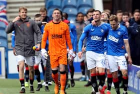 Rangers players celebrate their win over St Mirren