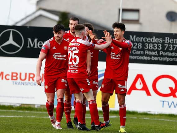 Portadown celebrate at Shamrock Park during the 4-1 victory over Glenavon.