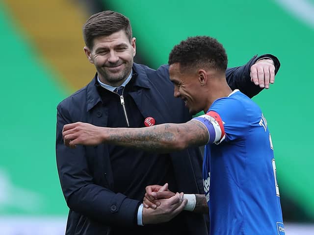 Rangers manager Steven Gerrard and captain James Tavernier. Pic by Getty.