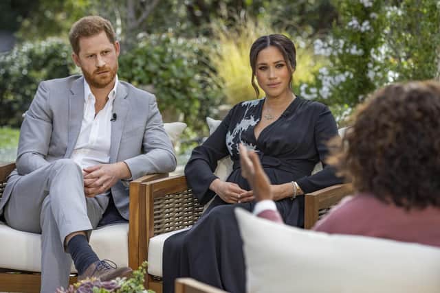 Handout photo supplied by Harpo Productions showing the Duke and Duchess of Sussex during their interview with Oprah Winfrey which was broadcast in the US on March 7