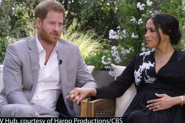NO SALES
Screen grab photo supplied by ITV Hub courtesy of Harpo Productions/CBS showing the Duke and Duchess of Sussex during their interview with Oprah Winfrey