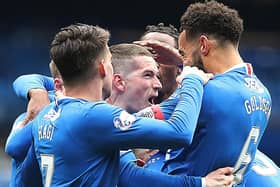 Ryan Kent of Rangers is congratulated by team mates after scoring his sides opening goal during the Ladbrokes Scottish Premiership match between Rangers and St Mirren at Ibrox Stadium last Saturday