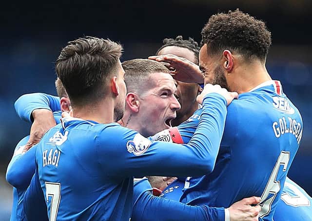 Ryan Kent of Rangers is congratulated by team mates after scoring his sides opening goal during the Ladbrokes Scottish Premiership match between Rangers and St Mirren at Ibrox Stadium last Saturday