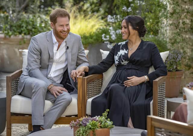 The Duke and Duchess of Sussex during their interview with Oprah Winfrey. Joanne Savage writes: "If Meghan has started a conversation about race and royalty that reminds us of the Windsors’ brutal colonialist past, is this not a victory for progressives?"
Photo: Joe Pugliese/Harpo Productions /PA Wire