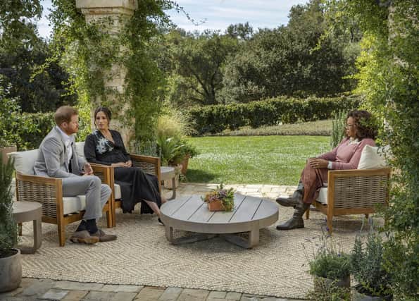 The Duke and Duchess of Sussex during their interview with Oprah Winfrey. Ben Lowry writes: "Even when asked if she has regrets, Meghan just magnifies the victimhood that she has projected over the preceding hour-and-a-half"
Photo: Joe Pugliese/Harpo Productions /PA Wire