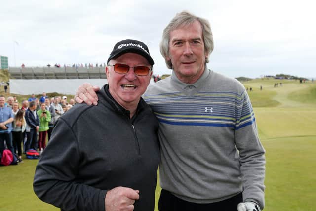 Two other Ulster greats, the world champion winning snooker player Dennis Taylor, left, with one of the best ever goalkeepers, Pat Jennings.
Picture by Kelvin Boyes / Press Eye