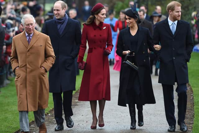 Christmas Day 2018 (left to right)The Prince of Wales, the Duke of Cambridge, the Duchess of Cambridge, the Duchess of Sussex and the Duke of Sussex arriving to attend the Christmas Day morning church service at St Mary Magdalene Church in Sandringham, Norfolk.