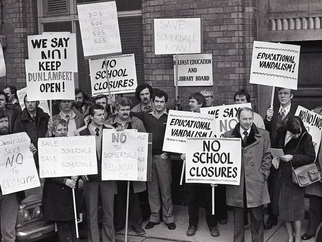 More than 50 teachers had launched the campaign to save the schools threatened with the axe. Teachers from Dunlamber Boys' and Somerdale Boys' Secondary Schools protesting outside the Belfast Education and Library Board office in February 1982. In a statement issued to the News Letter the teachers stated: “There is not a single educational reason to justify the decision to close either of these schools. It will effectively destroy an exercise of parental choice of schools in north Belfast. It will handicap an progress towards a properly planned rationalisation of resources in north Belfast for the next twenty years.” The staff at Somerdale school had blocked the Crumlin Road for 30 minutes during their lunchtime before joining their Dunlambert colleagues in a delegation to the board headquarters in Academy Street. Picture: News Letter archives