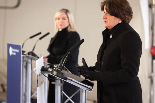 First Minister Arlene Foster and deputy First Minister Michelle O'Neill pictured at a press conference in Dungannon yesterday. 

Photo by Kelvin Boyes / Press Eye.