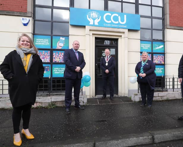 Pictured at the official opening is Rachel Woods MLA, CCU Credit Union Business Development Officer, John McGuinness, Mayor of Ards and North Down, councillor Trevor Cummings, Ruth Clarke, Chief Executive of CCU Credit Union and Councillor Martin McRandal