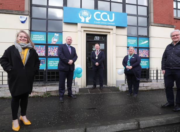 Pictured at the official opening is Rachel Woods MLA, CCU Credit Union Business Development Officer, John McGuinness, Mayor of Ards and North Down, councillor Trevor Cummings, Ruth Clarke, Chief Executive of CCU Credit Union and Councillor Martin McRandal