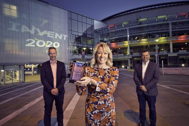 Bank of Ireland’s Head of Business Banking for NI, Niall Devlin, Bridgeen Callan from KLAS-PDT Technology, the overall winner of INVENT 2020 and Catalyst CEO Steve Orr
