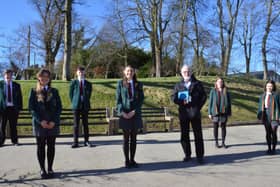 Actor Ian McElhinney with pupils from Lagan College, Belfast
