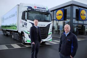 Pictured with one of the new trucks are Conor Boyle, Regional Director of Lidl Northern Ireland and Ashley McCulla, Chairman of McCulla Transport