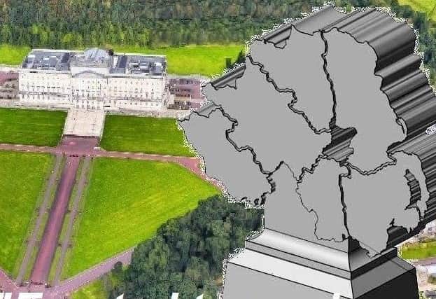 An image of the proposed statue, and the wording which it was to bear, against the backdrop of the Stormont Estate.