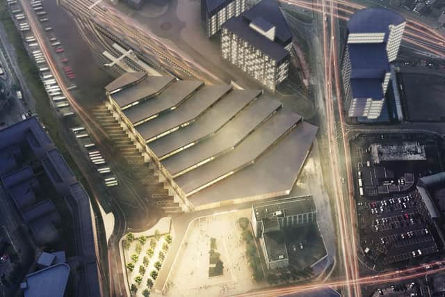 An artist's impression of how One Grosvenor Gate will be positioned in relation to Belfast's new transport hub